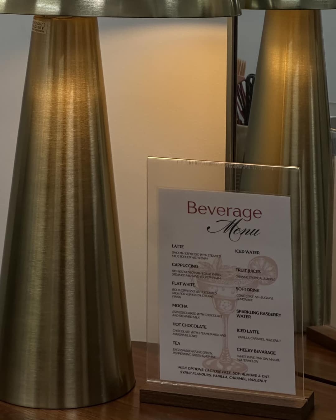 The drinks menu on the styling station.